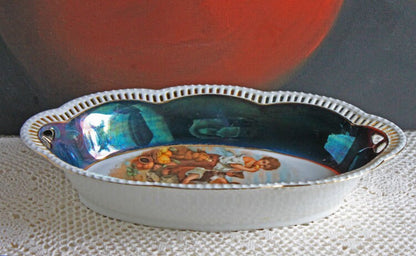 Antique Oval Bowl with Scalloped Intricate Rim ,  Bavarian Porcelain Bowl with Children Playing Images. - Tampa Home & Garden Store