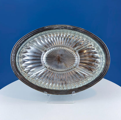Antique Oval Silver & Glass Serving Platter. Godinger Silver Art. Fluted Glass with Etched Reticulated Silver Tray. Hosting Essential. - Tampa Home & Garden Store