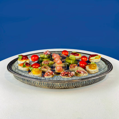 Antique Oval Silver & Glass Serving Platter. Godinger Silver Art. Fluted Glass with Etched Reticulated Silver Tray. Hosting Essential. - Tampa Home & Garden Store
