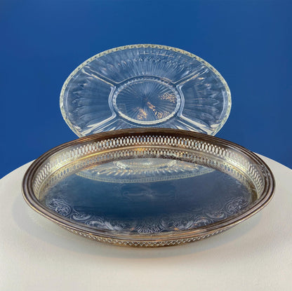 Antique Oval Silver & Glass Serving Platter. Godinger Silver Art. Fluted Glass with Etched Reticulated Silver Tray. Hosting Essential. - Tampa Home & Garden Store