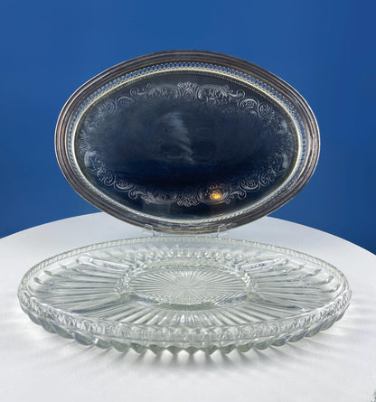 Antique Oval Silver & Glass Serving Platter. Godinger Silver Art. Fluted Glass with Etched Reticulated Silver Tray. Hosting Essential. - Tampa Home & Garden Store