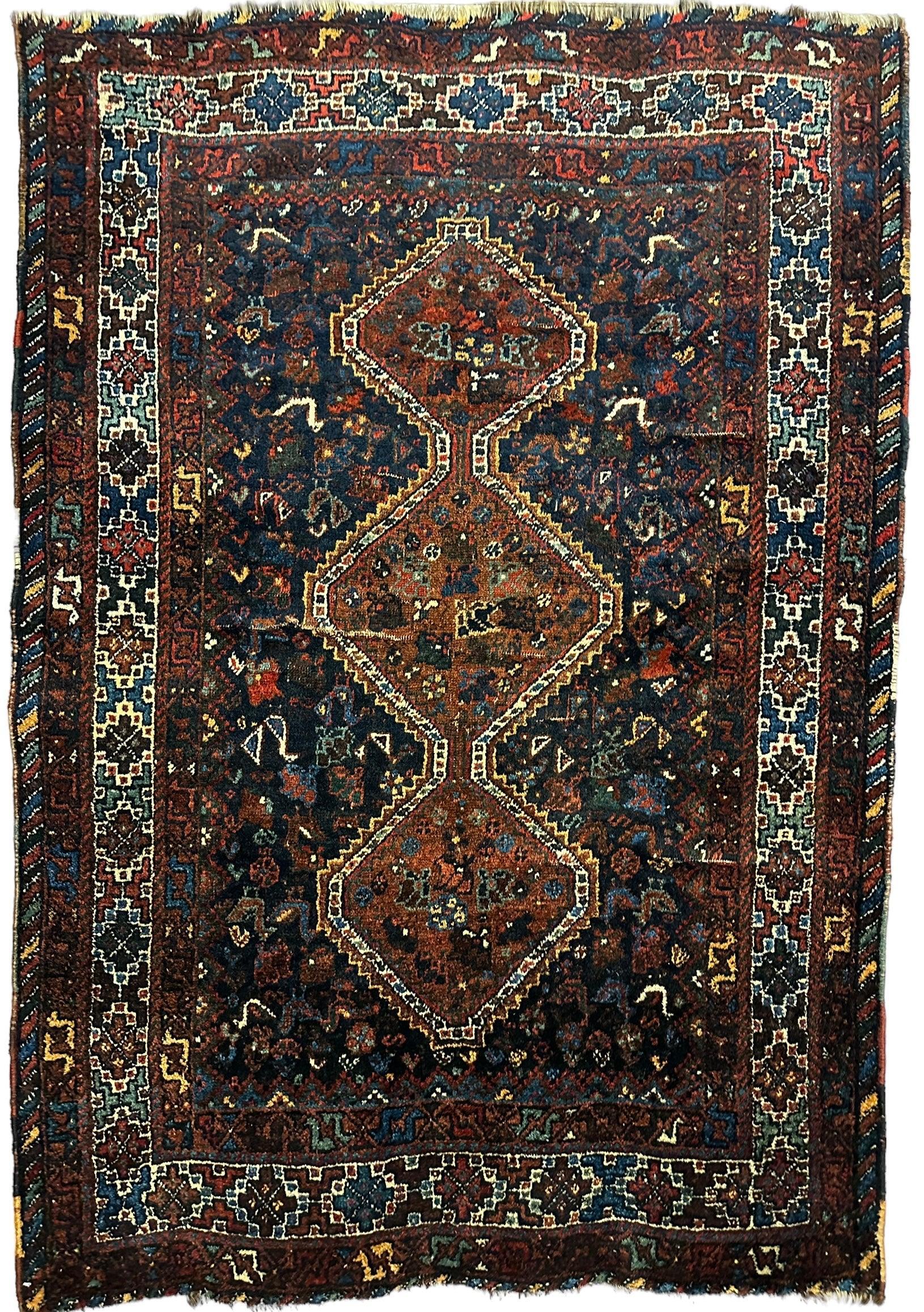Antique Persian Khamseh Tribal Rug 4' x 5’10” - Tampa Home & Garden Store