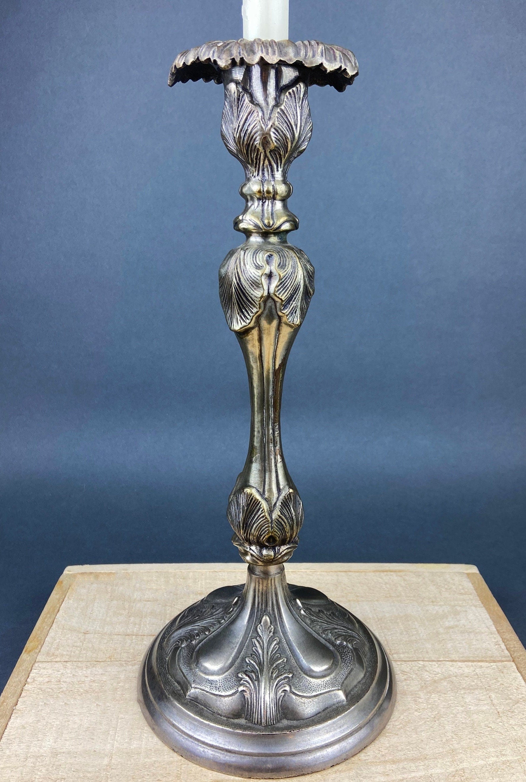 Antique Pillar Candle Holder/Silver Plated Candle Stand/Art Nouveau Relief. Fine Dining. - Tampa Home & Garden Store