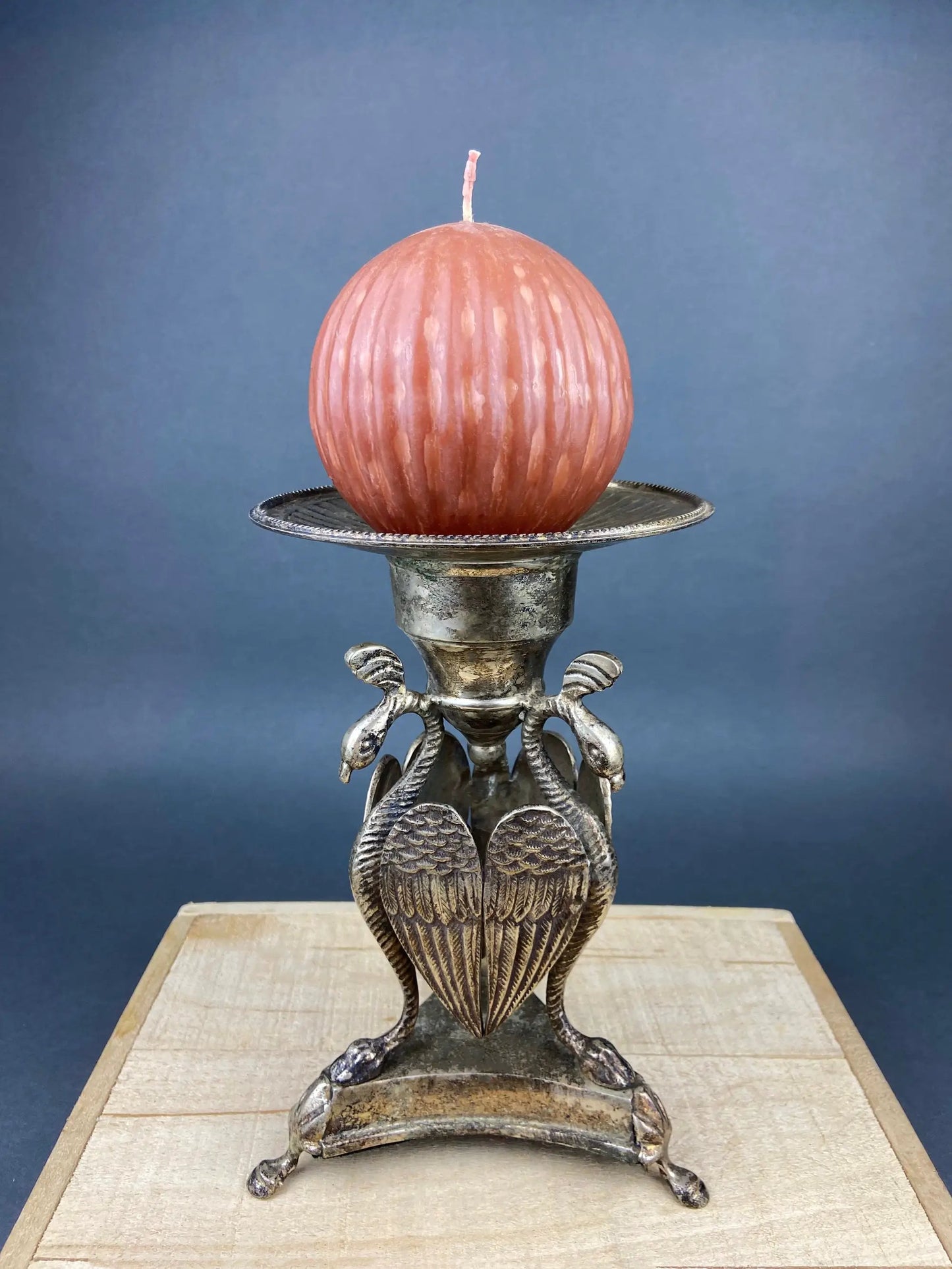 Antique Pillar Candle Holder with Peacocks. Silver Plated Candle Stand.  Ornate Pedestal Supported by Beautifully Sculpted Birds. - Tampa Home & Garden Store