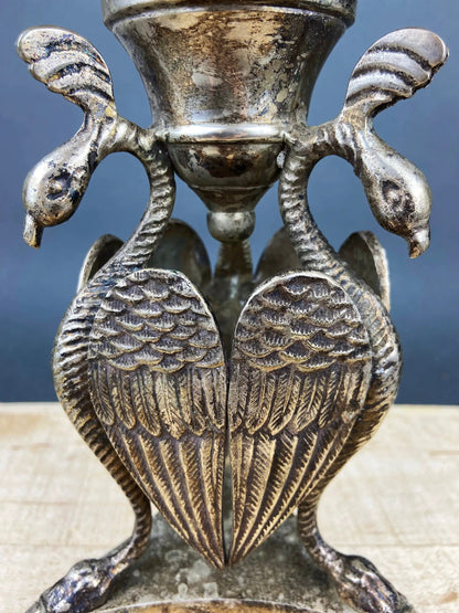 Antique Pillar Candle Holder with Peacocks. Silver Plated Candle Stand.  Ornate Pedestal Supported by Beautifully Sculpted Birds. - Tampa Home & Garden Store