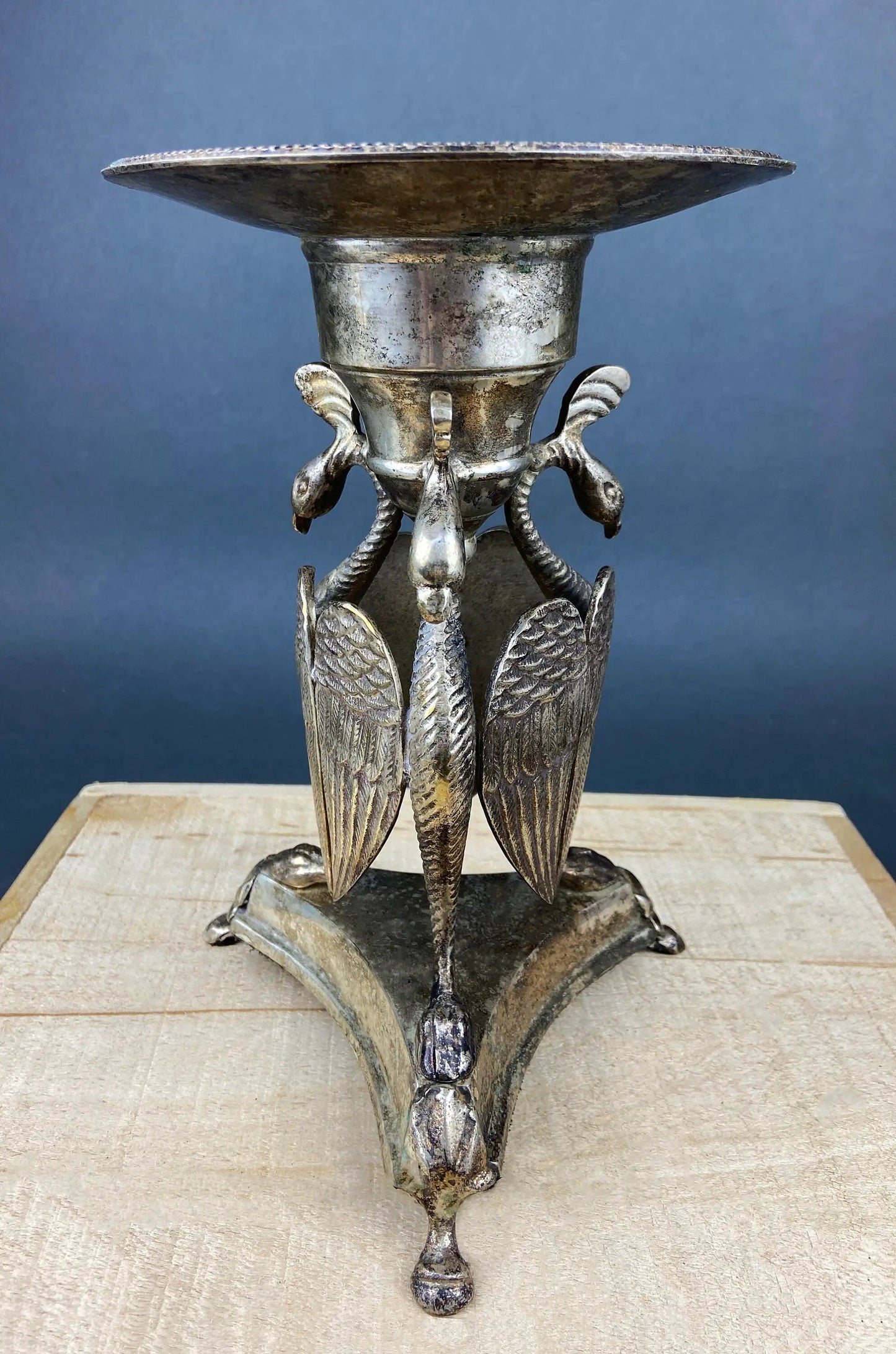 Antique Pillar Candle Holder with Peacocks. Silver Plated Candle Stand.  Ornate Pedestal Supported by Beautifully Sculpted Birds. - Tampa Home & Garden Store