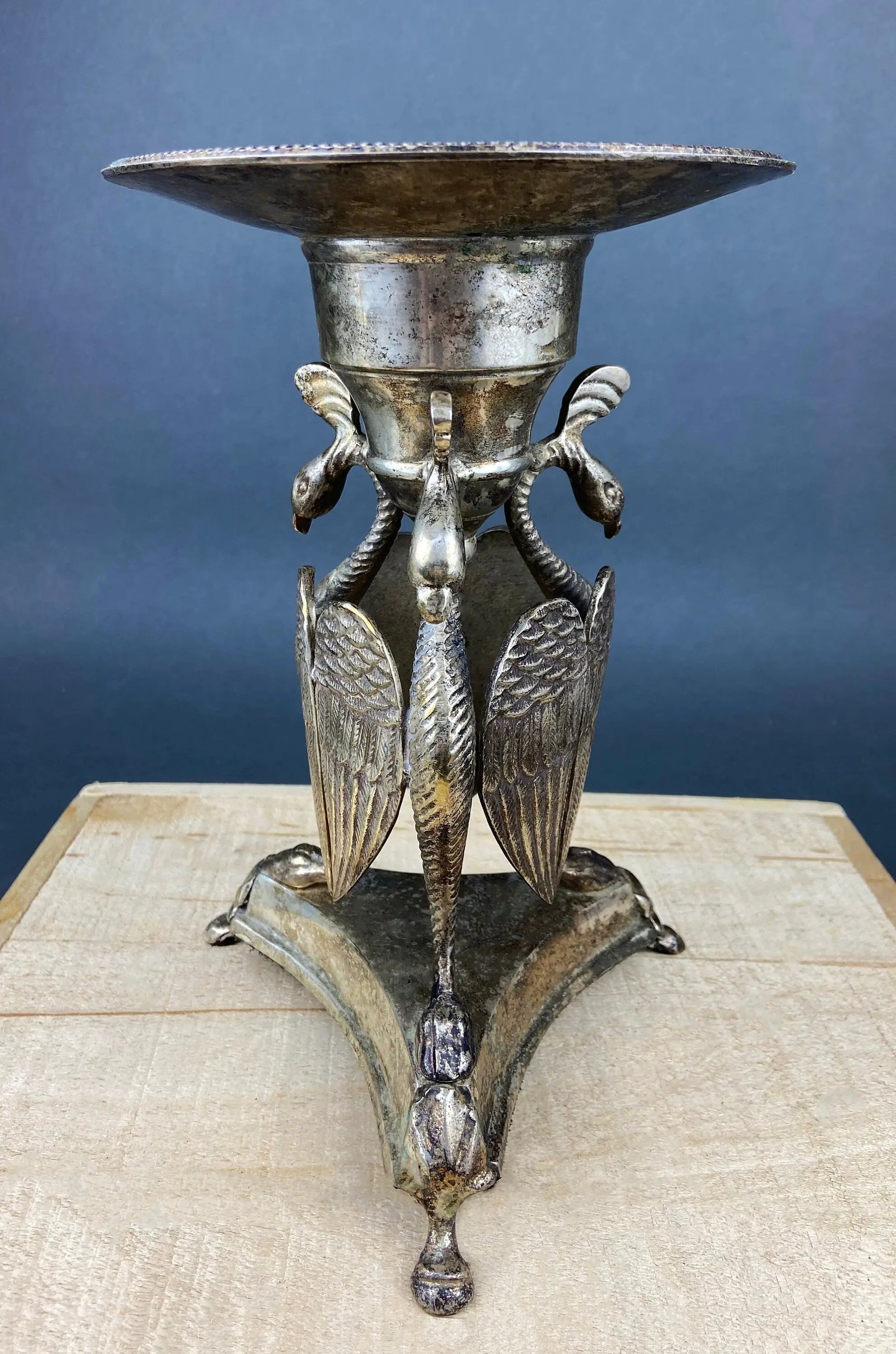 Antique Pillar Candle Holder with Peacocks. Silver Plated Candle Stand.  Ornate Pedestal Supported by Beautifully Sculpted Birds. - Tampa Home & Garden Store