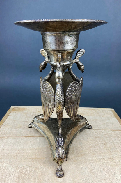 Antique Pillar Candle Holder with Peacocks. Silver Plated Candle Stand.  Ornate Pedestal Supported by Beautifully Sculpted Birds. - Tampa Home & Garden Store