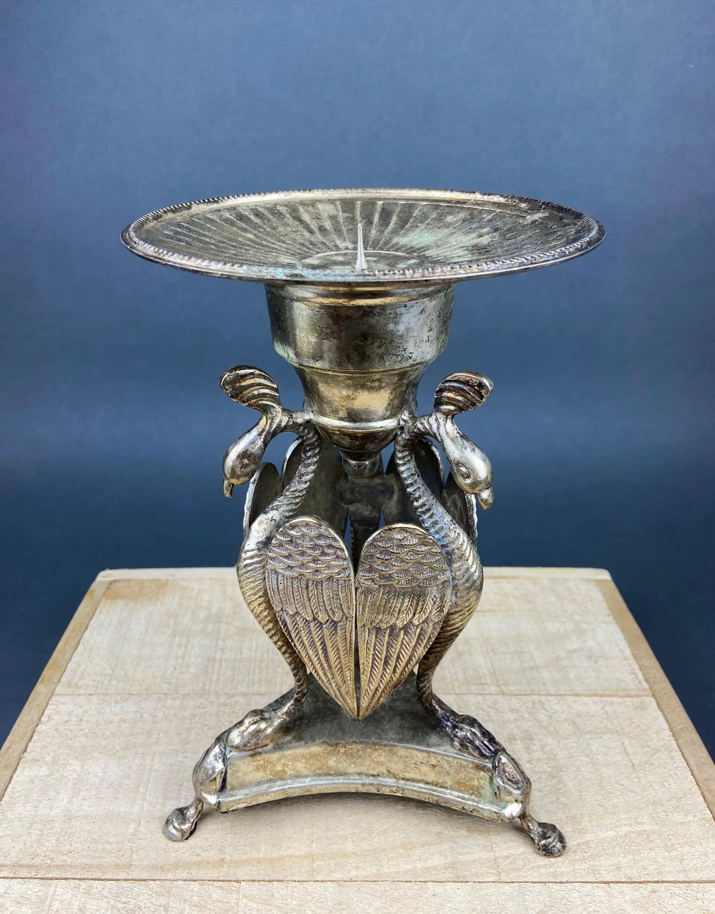 Antique Pillar Candle Holder with Peacocks. Silver Plated Candle Stand.  Ornate Pedestal Supported by Beautifully Sculpted Birds. - Tampa Home & Garden Store