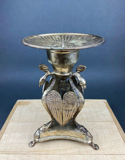 Antique Pillar Candle Holder with Peacocks. Silver Plated Candle Stand.  Ornate Pedestal Supported by Beautifully Sculpted Birds. - Tampa Home & Garden Store