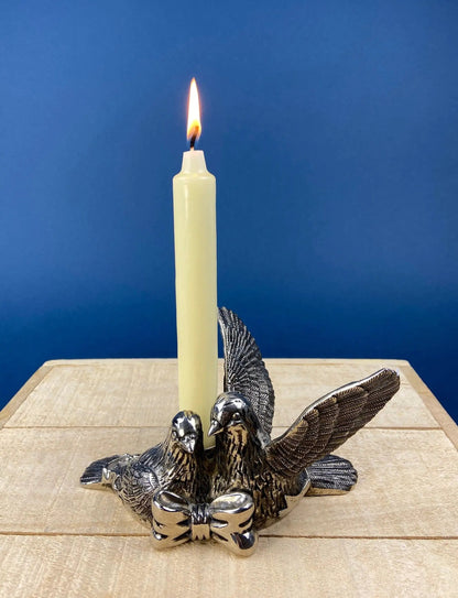 Antique Pillar Candle Holder with Peacocks. Silver Plated Candle Stand.  Ornate Pedestal Supported by Beautifully Sculpted Birds. - Tampa Home & Garden Store