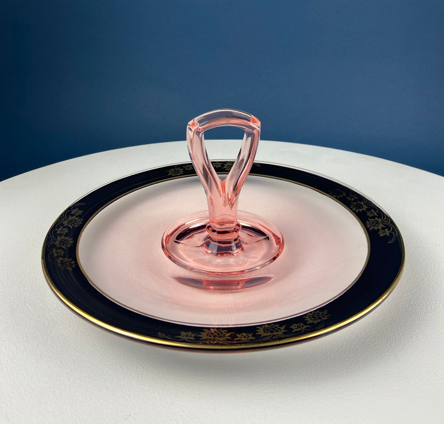 Antique Pink Glass Serving Plate with Center Handle & Black Rim. Delicate Gold Motif of Lotuses. Art Deco Cookies, Cupcakes, Sweets Platter. - Tampa Home & Garden Store