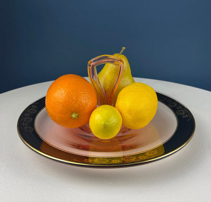 Antique Pink Glass Serving Plate with Center Handle & Black Rim. Delicate Gold Motif of Lotuses. Art Deco Cookies, Cupcakes, Sweets Platter. - Tampa Home & Garden Store