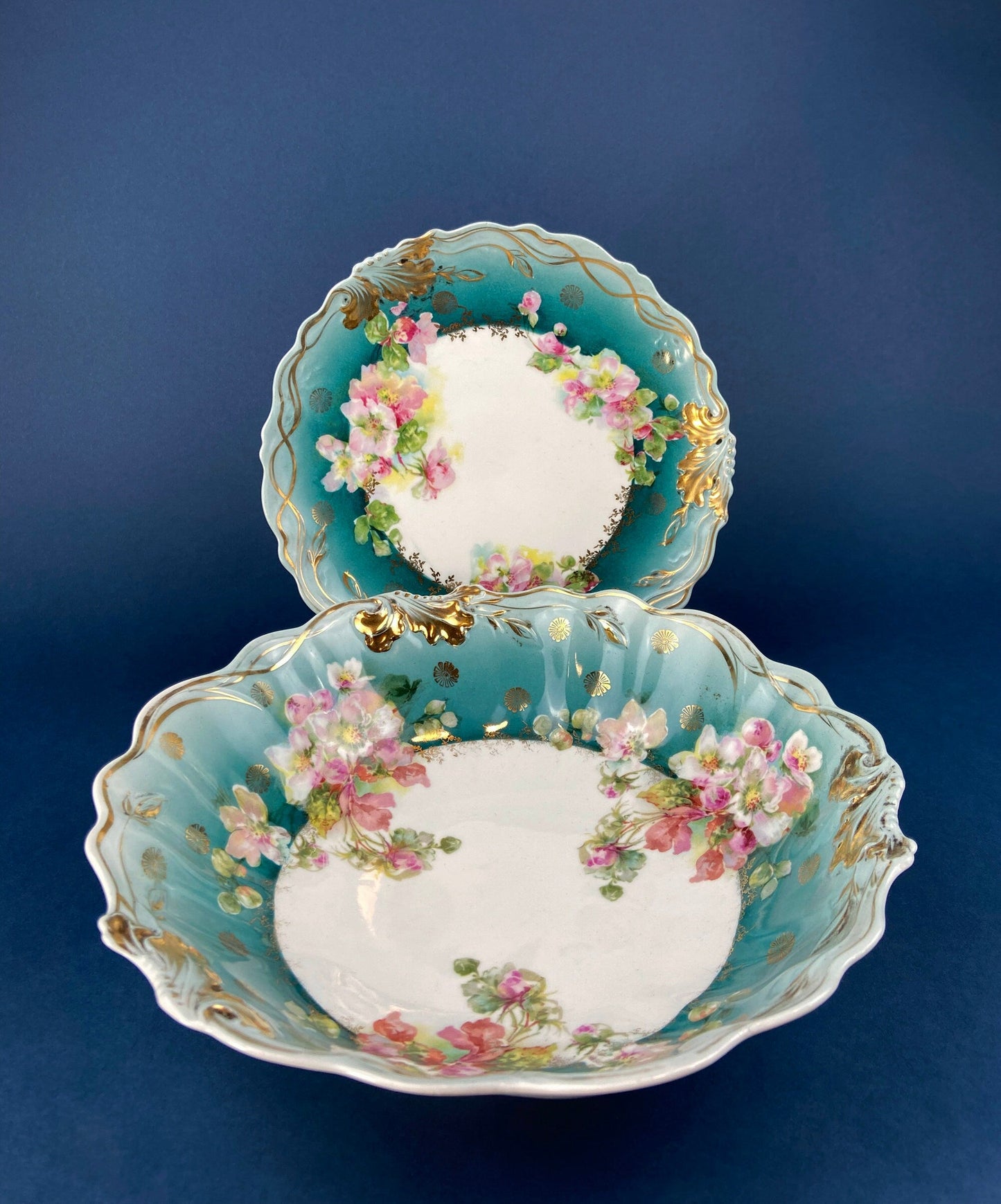 Antique Plate and Bowl by Milton, Imperial Vienna. Hand-Painted Tea Roses. Collectible Dessert Plate and Serving Bowl. - Tampa Home & Garden Store
