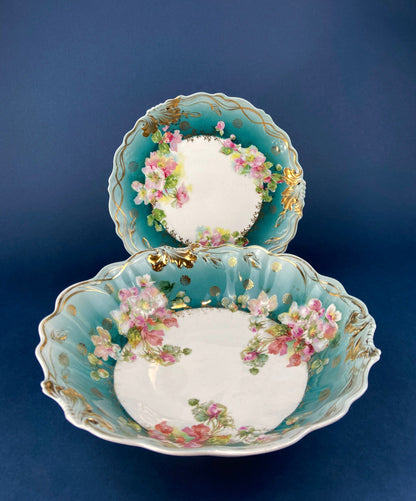 Antique Plate and Bowl by Milton, Imperial Vienna. Hand-Painted Tea Roses. Collectible Dessert Plate and Serving Bowl. - Tampa Home & Garden Store