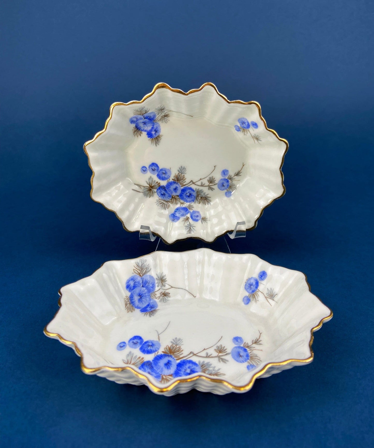 Antique Porcelain Berry Bowls in Blueberry Motif. Set of Two Small Serving Plates by Embassy Ware, Fondeville, England. Scalloped Rim. - Tampa Home & Garden Store