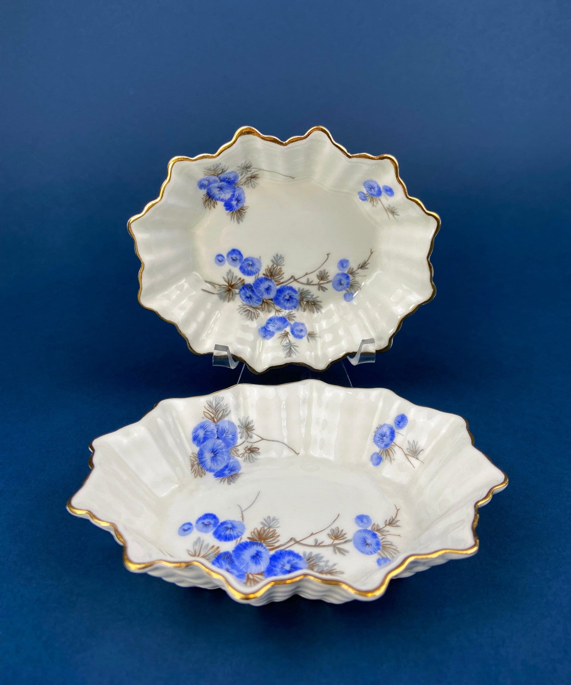 Antique Porcelain Berry Bowls in Blueberry Motif. Set of Two Small Serving Plates by Embassy Ware, Fondeville, England. Scalloped Rim. - Tampa Home & Garden Store