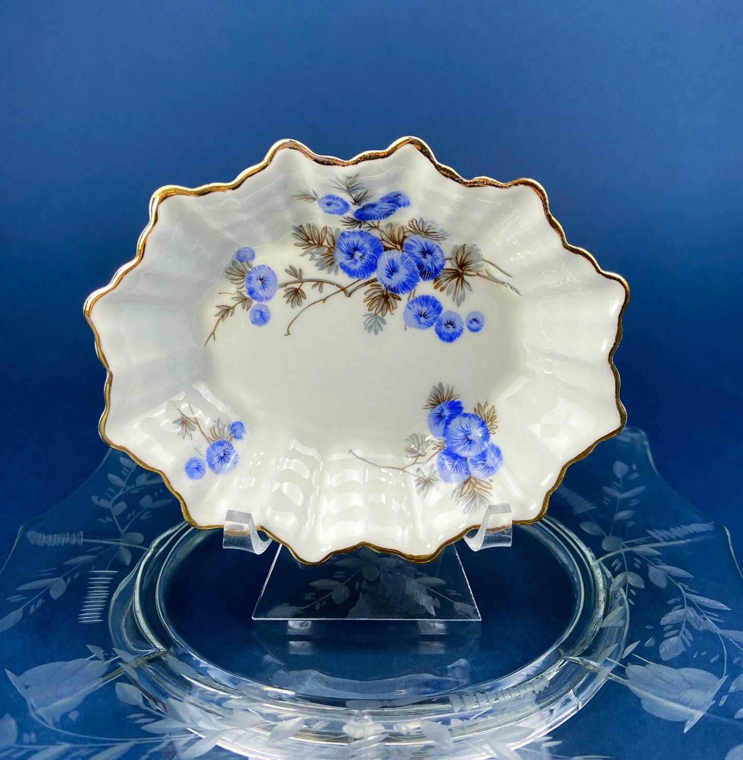 Antique Porcelain Berry Bowls in Blueberry Motif. Set of Two Small Serving Plates by Embassy Ware, Fondeville, England. Scalloped Rim. - Tampa Home & Garden Store