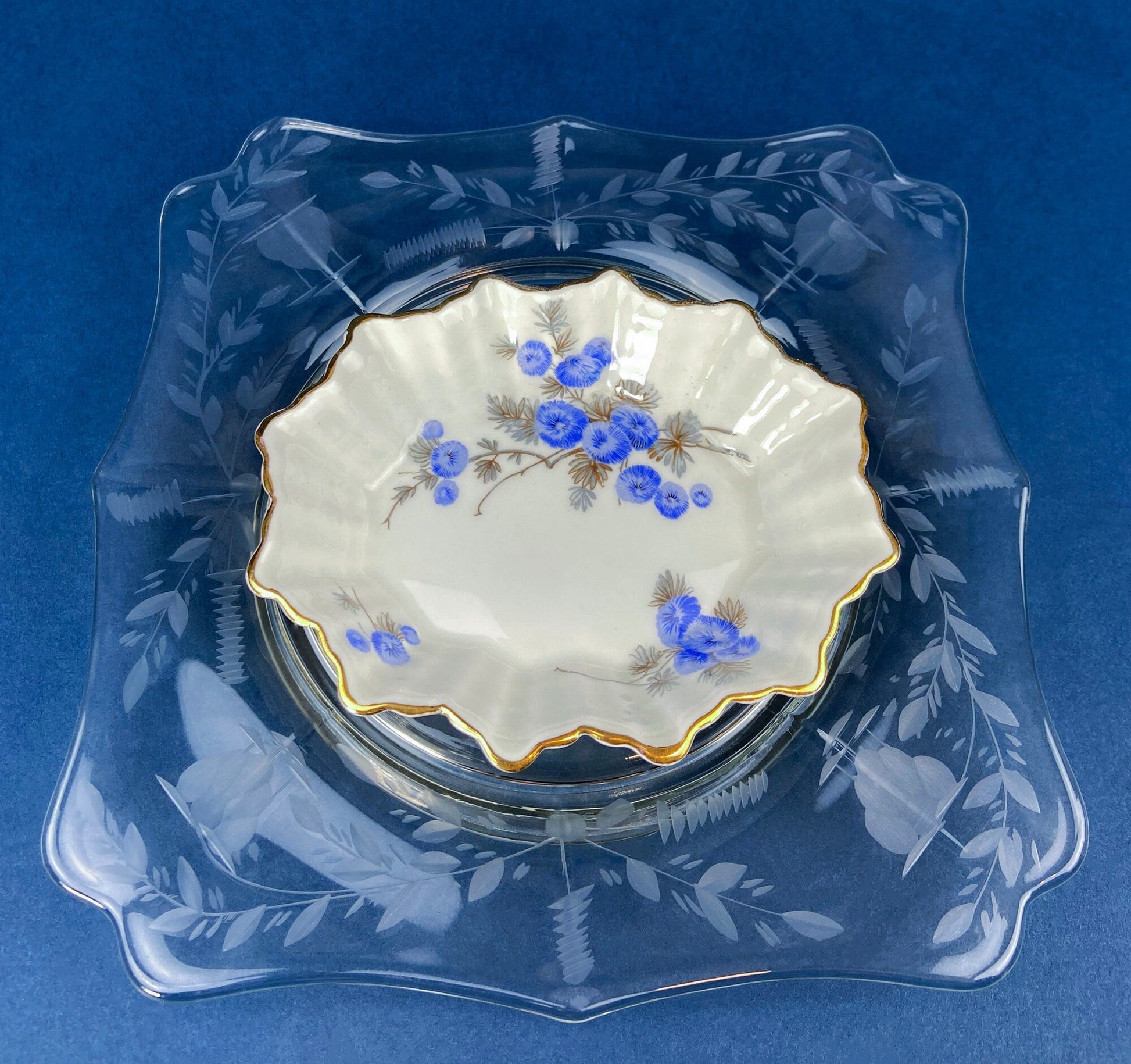 Antique Porcelain Berry Bowls in Blueberry Motif. Set of Two Small Serving Plates by Embassy Ware, Fondeville, England. Scalloped Rim. - Tampa Home & Garden Store