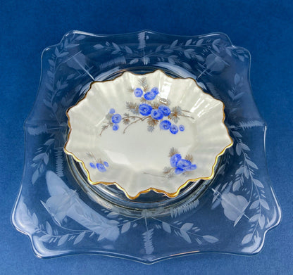 Antique Porcelain Berry Bowls in Blueberry Motif. Set of Two Small Serving Plates by Embassy Ware, Fondeville, England. Scalloped Rim. - Tampa Home & Garden Store