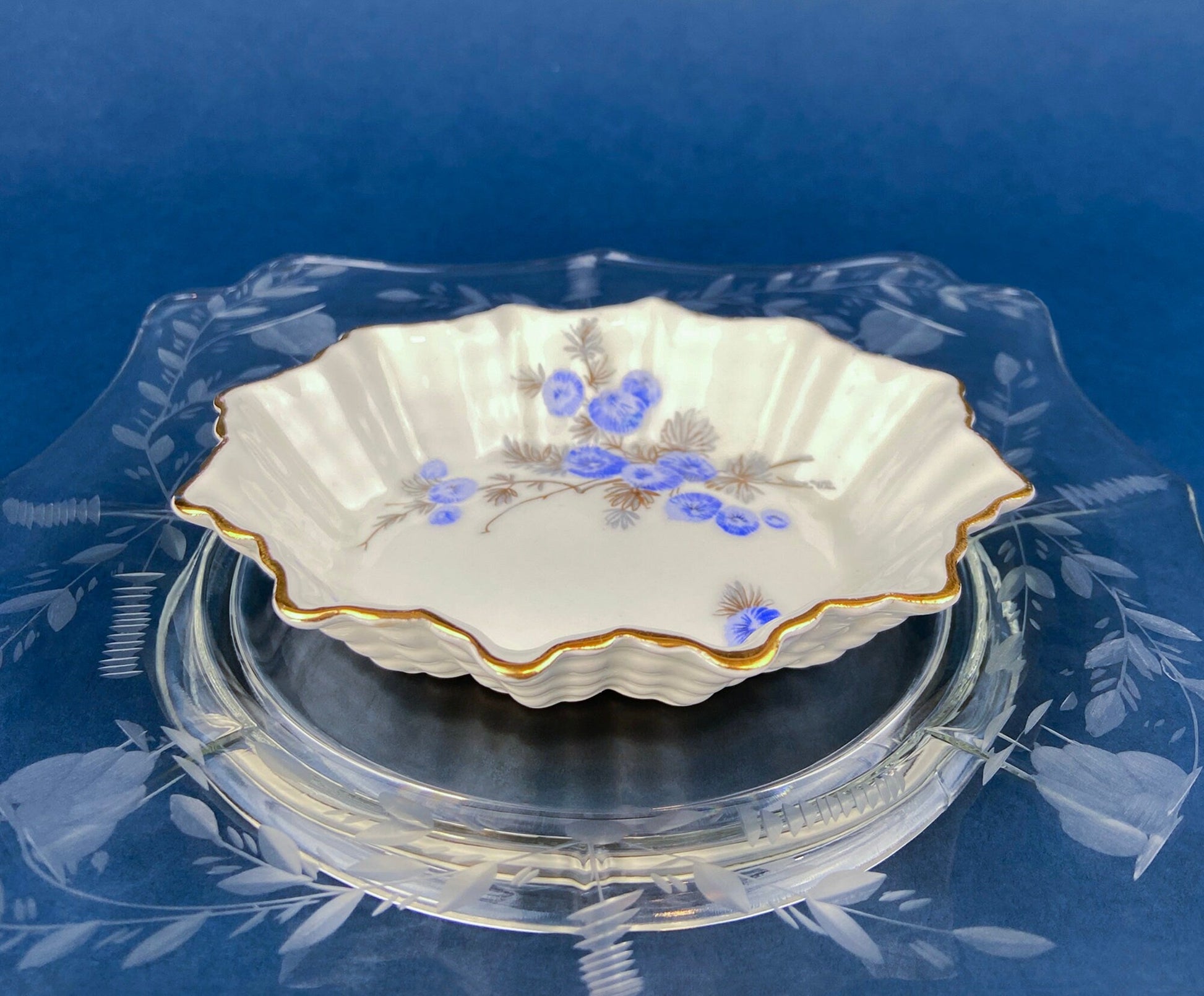 Antique Porcelain Berry Bowls in Blueberry Motif. Set of Two Small Serving Plates by Embassy Ware, Fondeville, England. Scalloped Rim. - Tampa Home & Garden Store