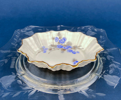Antique Porcelain Berry Bowls in Blueberry Motif. Set of Two Small Serving Plates by Embassy Ware, Fondeville, England. Scalloped Rim. - Tampa Home & Garden Store