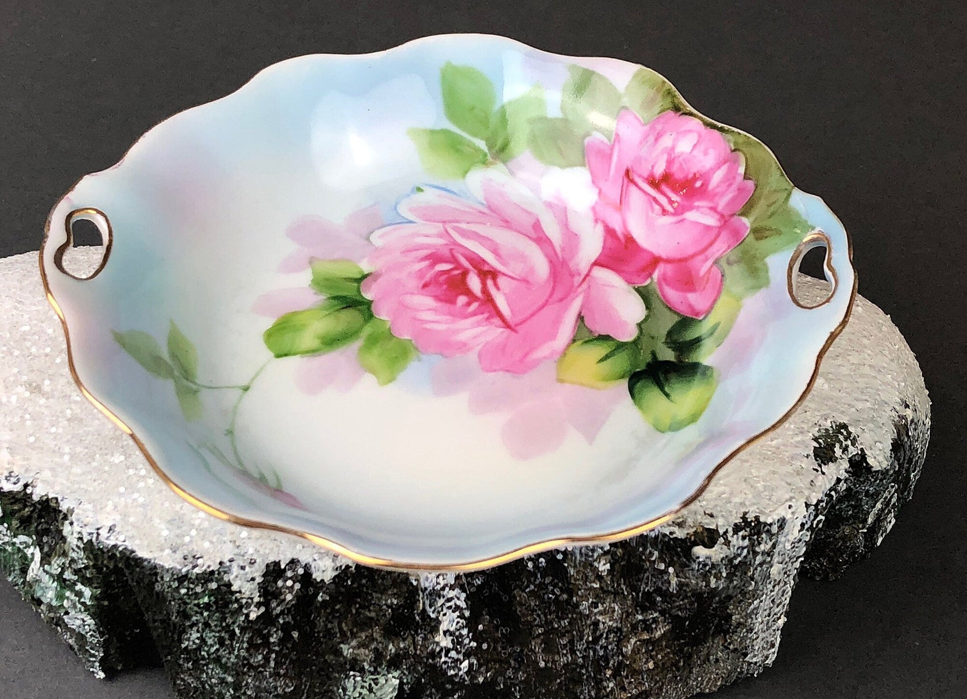 Antique Porcelain Berry Bowls in Blueberry Motif. Set of Two Small Serving Plates by Embassy Ware, Fondeville, England. Scalloped Rim. - Tampa Home & Garden Store