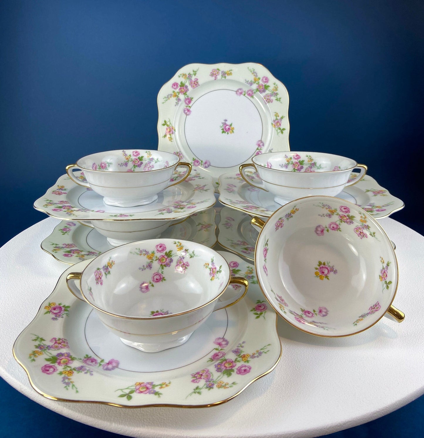 Antique Porcelain Bullion Bowls with Matching Square, 8.5" Dinner Plates. Set of 6. Flower Garlands, Sylvia by F&B Baronet China, Bohemia. - Tampa Home & Garden Store