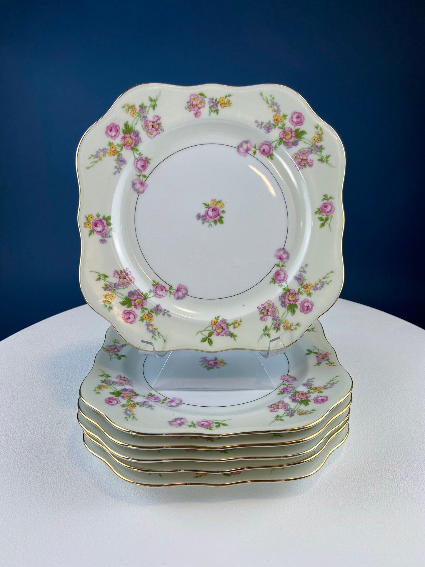 Antique Porcelain Bullion Bowls with Matching Square, 8.5" Dinner Plates. Set of 6. Flower Garlands, Sylvia by F&B Baronet China, Bohemia. - Tampa Home & Garden Store