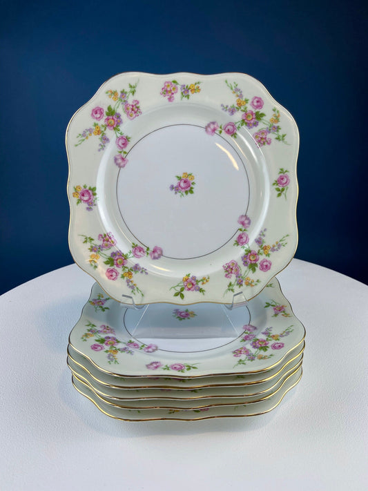 Antique Porcelain Bullion Bowls with Matching Square, 8.5" Dinner Plates. Set of 6. Flower Garlands, Sylvia by F&B Baronet China, Bohemia. - Tampa Home & Garden Store