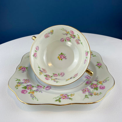 Antique Porcelain Bullion Bowls with Matching Square, 8.5" Dinner Plates. Set of 6. Flower Garlands, Sylvia by F&B Baronet China, Bohemia. - Tampa Home & Garden Store