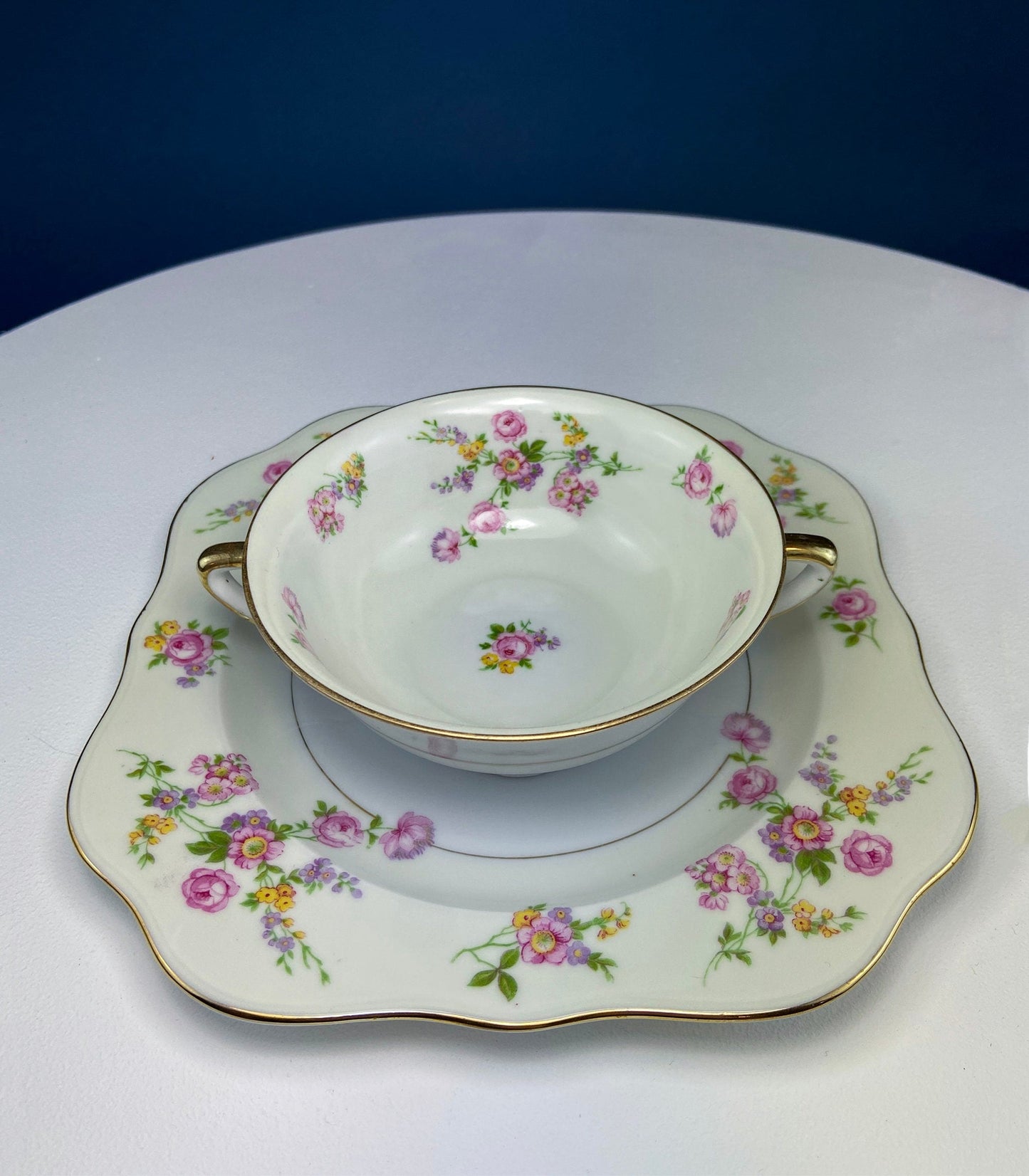 Antique Porcelain Bullion Bowls with Matching Square, 8.5" Dinner Plates. Set of 6. Flower Garlands, Sylvia by F&B Baronet China, Bohemia. - Tampa Home & Garden Store