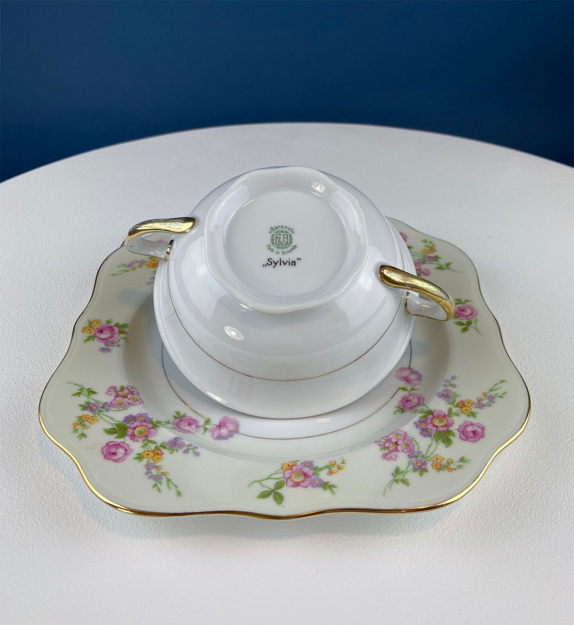 Antique Porcelain Bullion Bowls with Matching Square, 8.5" Dinner Plates. Set of 6. Flower Garlands, Sylvia by F&B Baronet China, Bohemia. - Tampa Home & Garden Store