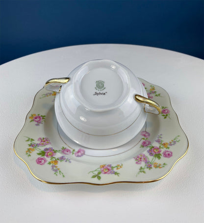 Antique Porcelain Bullion Bowls with Matching Square, 8.5" Dinner Plates. Set of 6. Flower Garlands, Sylvia by F&B Baronet China, Bohemia. - Tampa Home & Garden Store