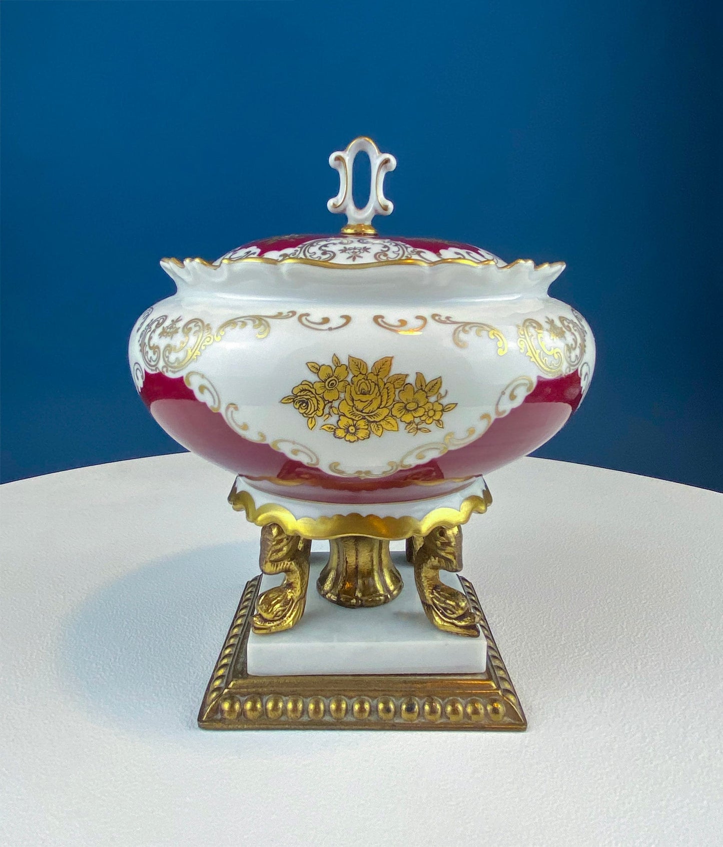 Antique Porcelain Burgundy & Gold Footed Bowl with Marble Base. Hand Painted Roses Storage Dish with Dolphin Feet. Ornate Marble Base. - Tampa Home & Garden Store