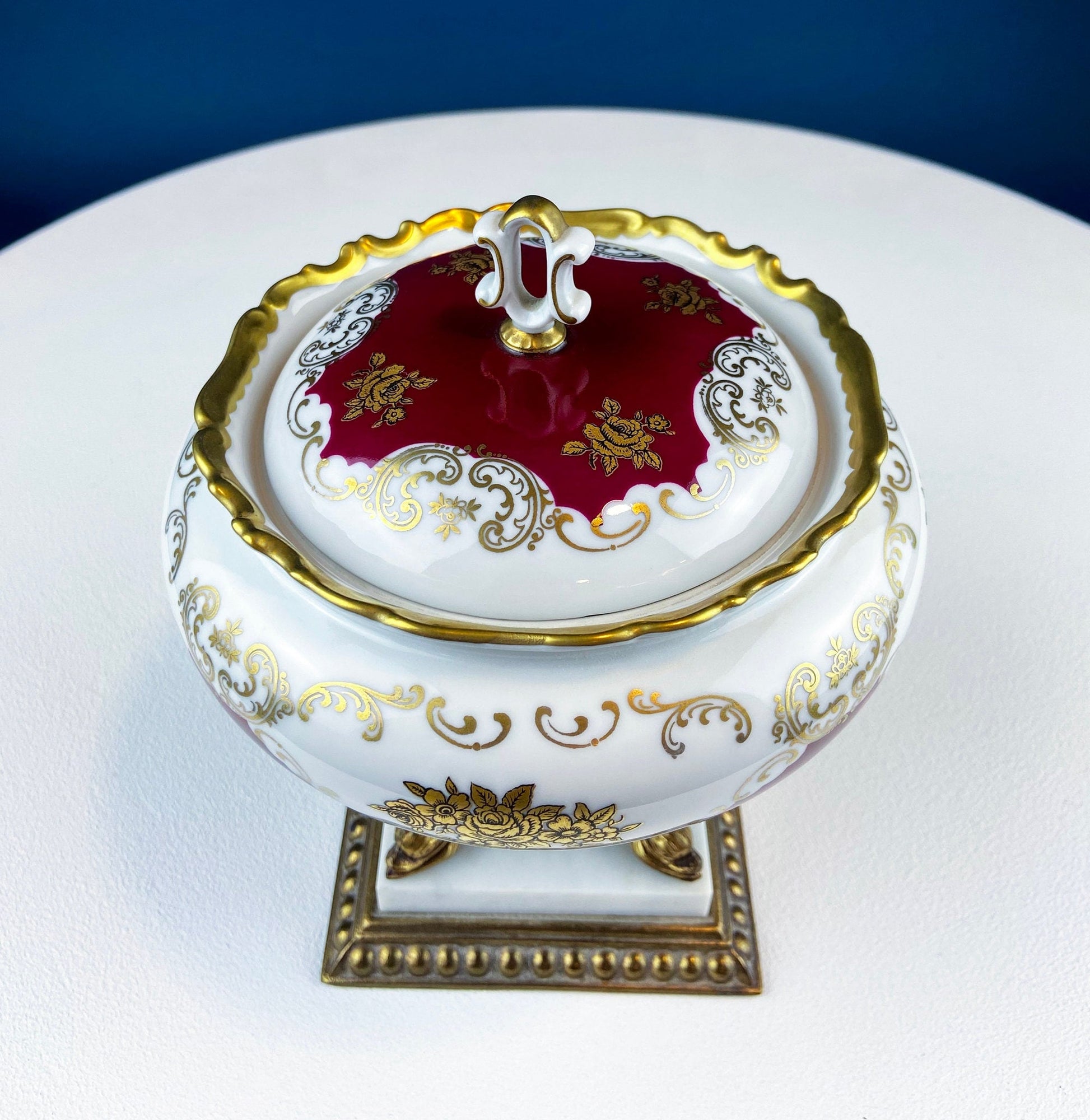 Antique Porcelain Burgundy & Gold Footed Bowl with Marble Base. Hand Painted Roses Storage Dish with Dolphin Feet. Ornate Marble Base. - Tampa Home & Garden Store