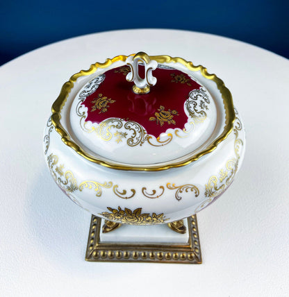 Antique Porcelain Burgundy & Gold Footed Bowl with Marble Base. Hand Painted Roses Storage Dish with Dolphin Feet. Ornate Marble Base. - Tampa Home & Garden Store