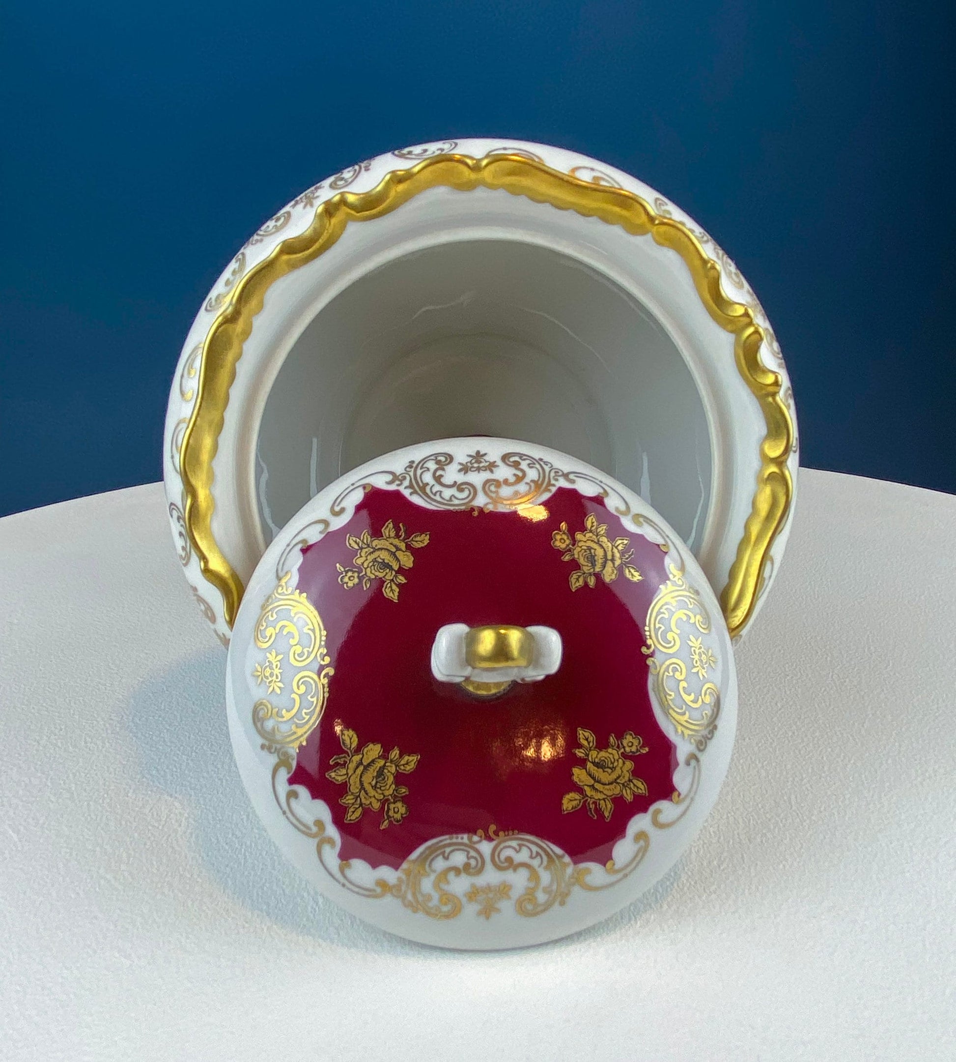 Antique Porcelain Burgundy & Gold Footed Bowl with Marble Base. Hand Painted Roses Storage Dish with Dolphin Feet. Ornate Marble Base. - Tampa Home & Garden Store