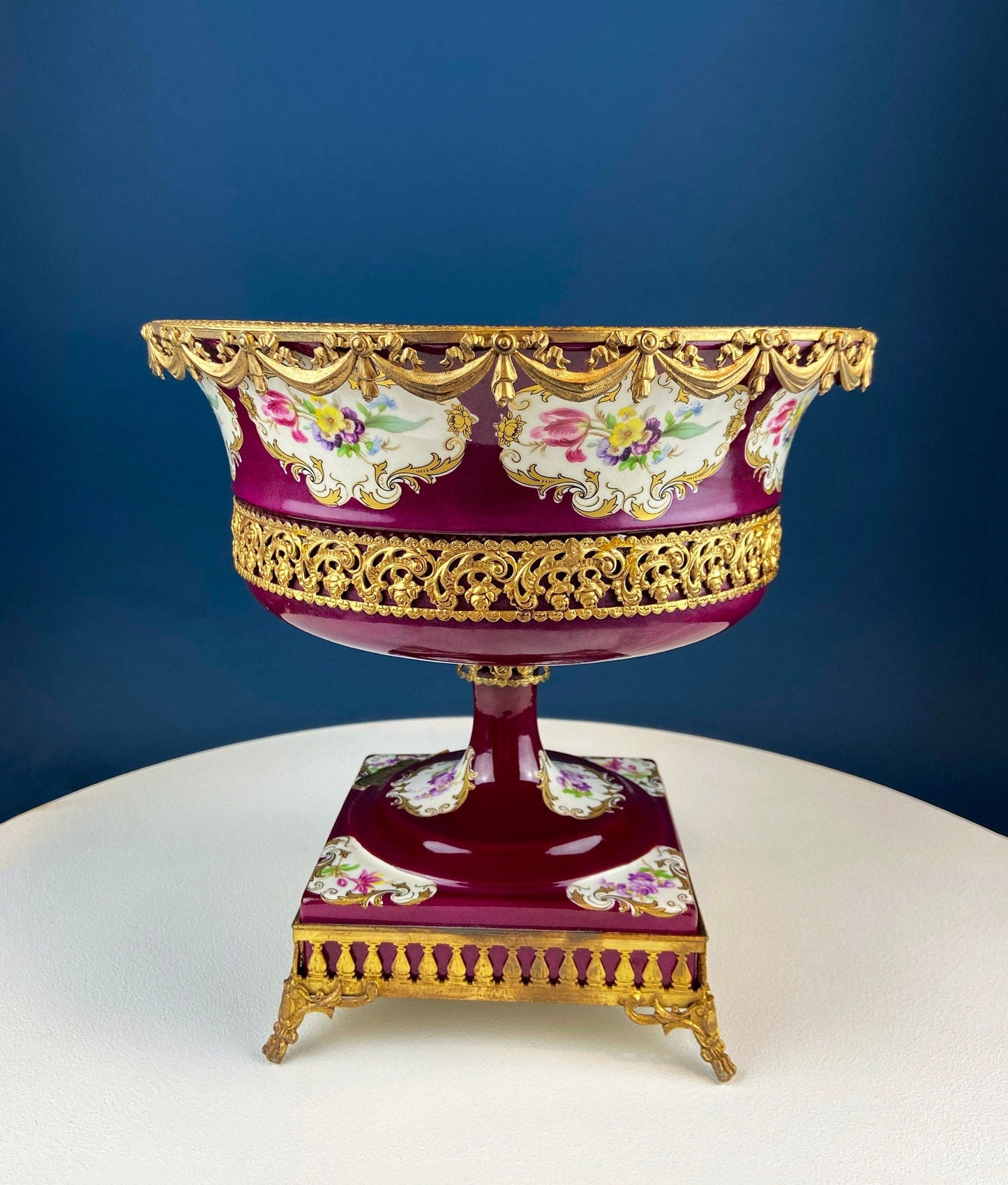 Antique Porcelain Burgundy & Gold Footed Bowl with Marble Base. Hand Painted Roses Storage Dish with Dolphin Feet. Ornate Marble Base. - Tampa Home & Garden Store