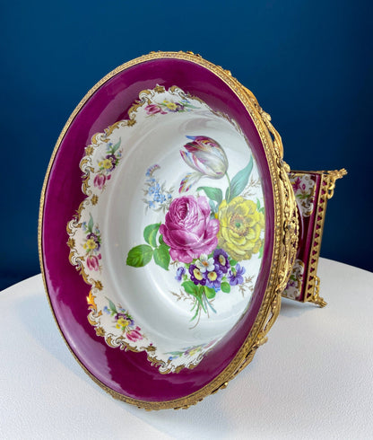 Antique Porcelain Burgundy & Gold Footed Bowl with Marble Base. Hand Painted Roses Storage Dish with Dolphin Feet. Ornate Marble Base. - Tampa Home & Garden Store