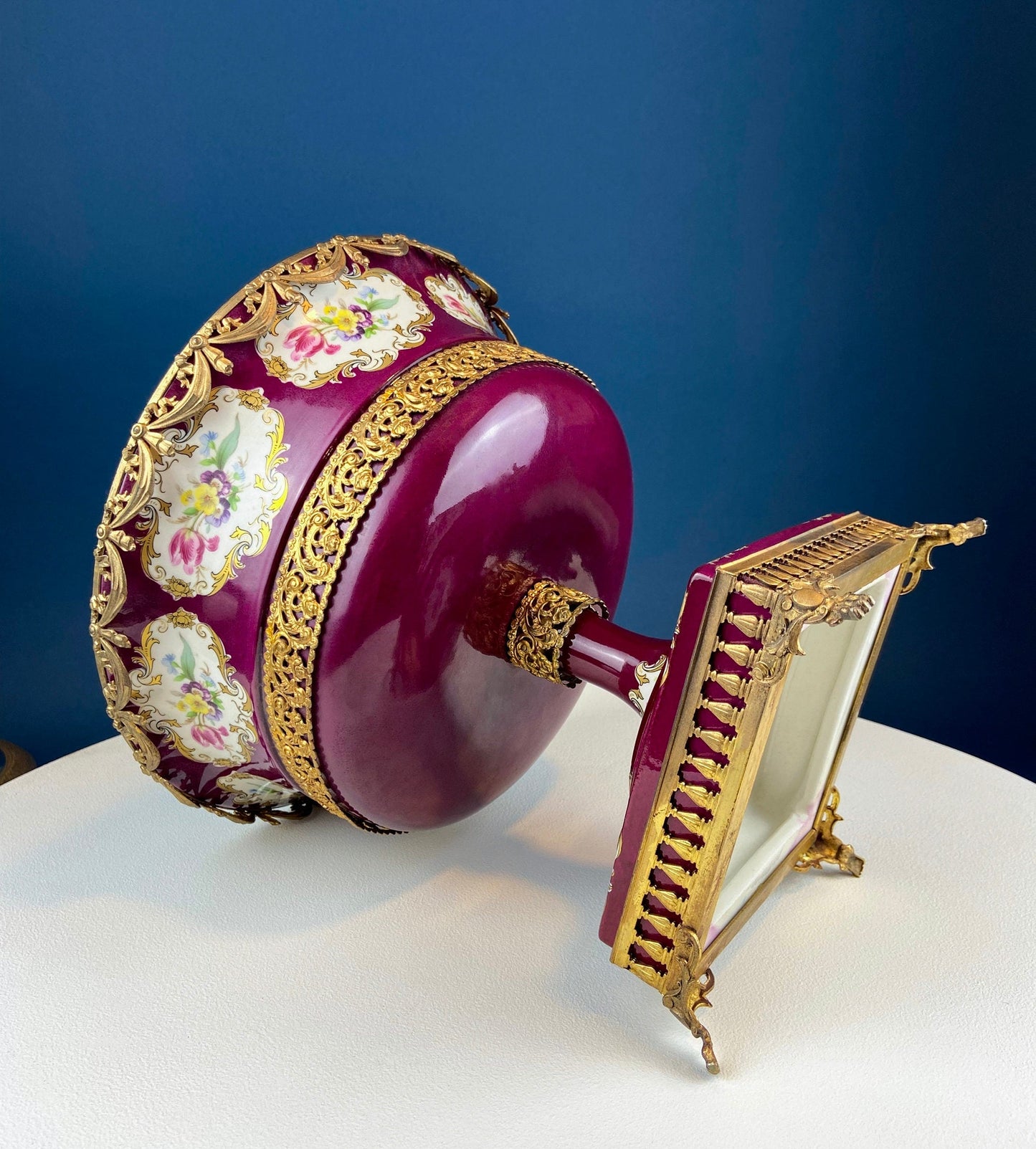 Antique Porcelain Burgundy & Gold Footed Bowl with Marble Base. Hand Painted Roses Storage Dish with Dolphin Feet. Ornate Marble Base. - Tampa Home & Garden Store