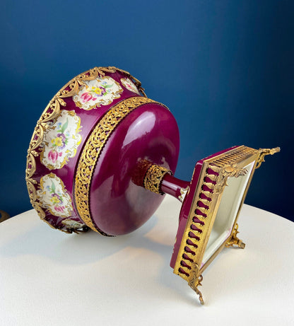 Antique Porcelain Burgundy & Gold Footed Bowl with Marble Base. Hand Painted Roses Storage Dish with Dolphin Feet. Ornate Marble Base. - Tampa Home & Garden Store