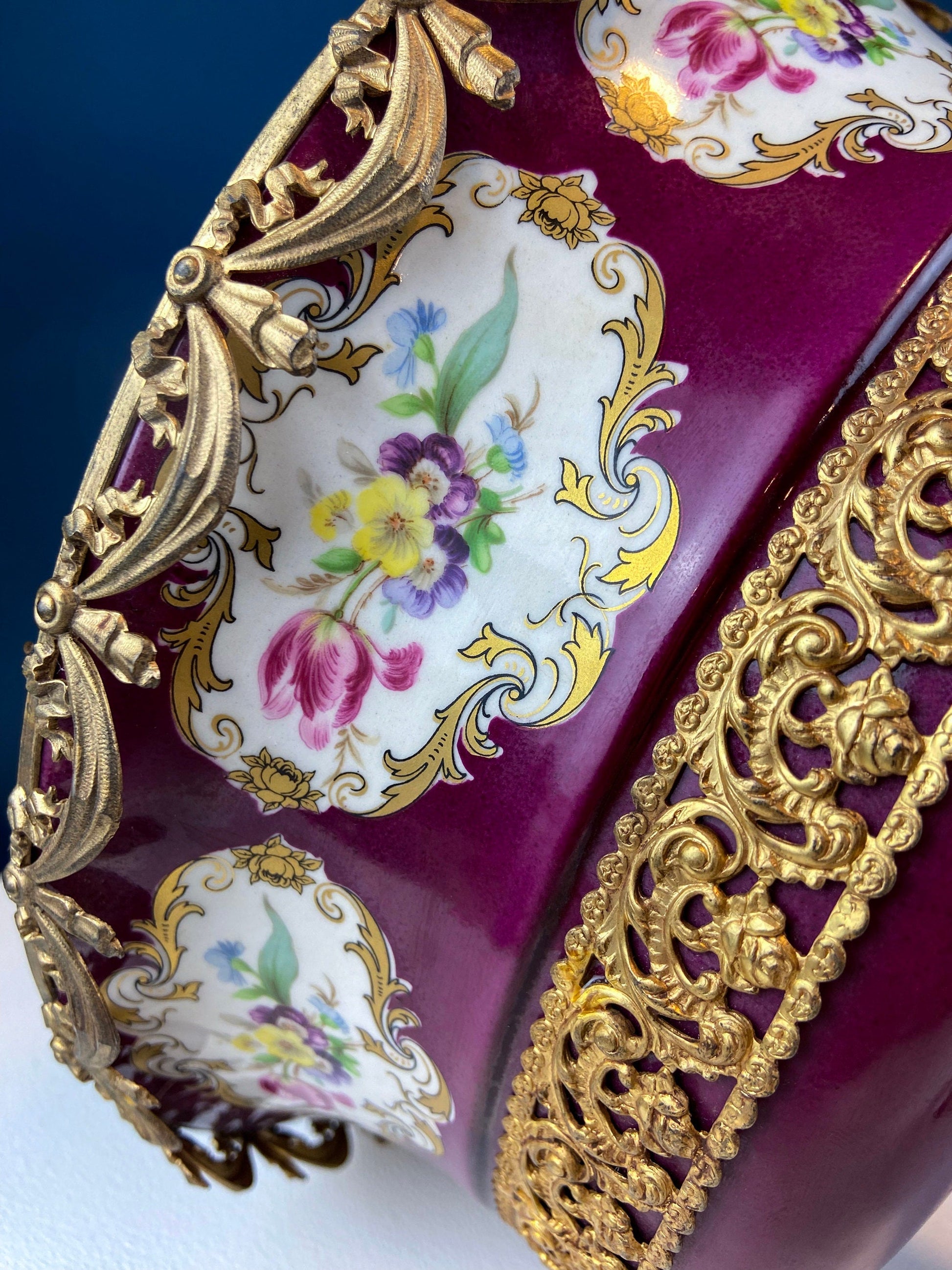 Antique Porcelain Burgundy & Gold Footed Bowl with Marble Base. Hand Painted Roses Storage Dish with Dolphin Feet. Ornate Marble Base. - Tampa Home & Garden Store