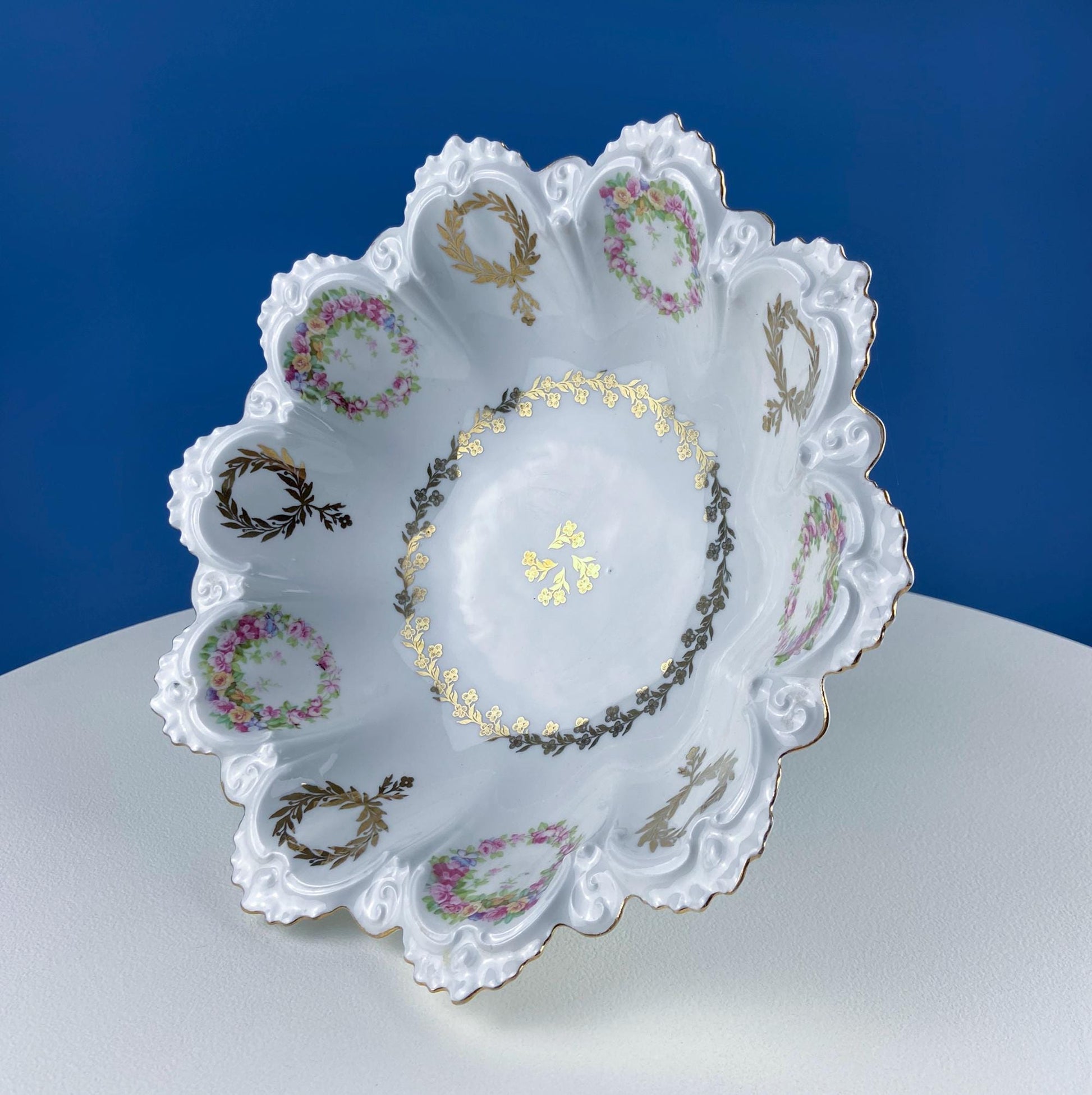 Antique Porcelain Serving Bowl with Scalloped Brim. Gold Laurel Leaf Motif & Rose Garlands. Fine Austrian Porcelain. Kitchen Table Decor. - Tampa Home & Garden Store