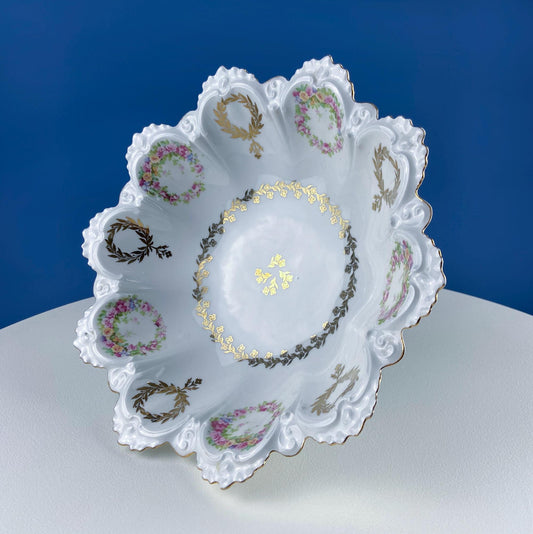 Antique Porcelain Serving Bowl with Scalloped Brim. Gold Laurel Leaf Motif & Rose Garlands. Fine Austrian Porcelain. Kitchen Table Decor. - Tampa Home & Garden Store