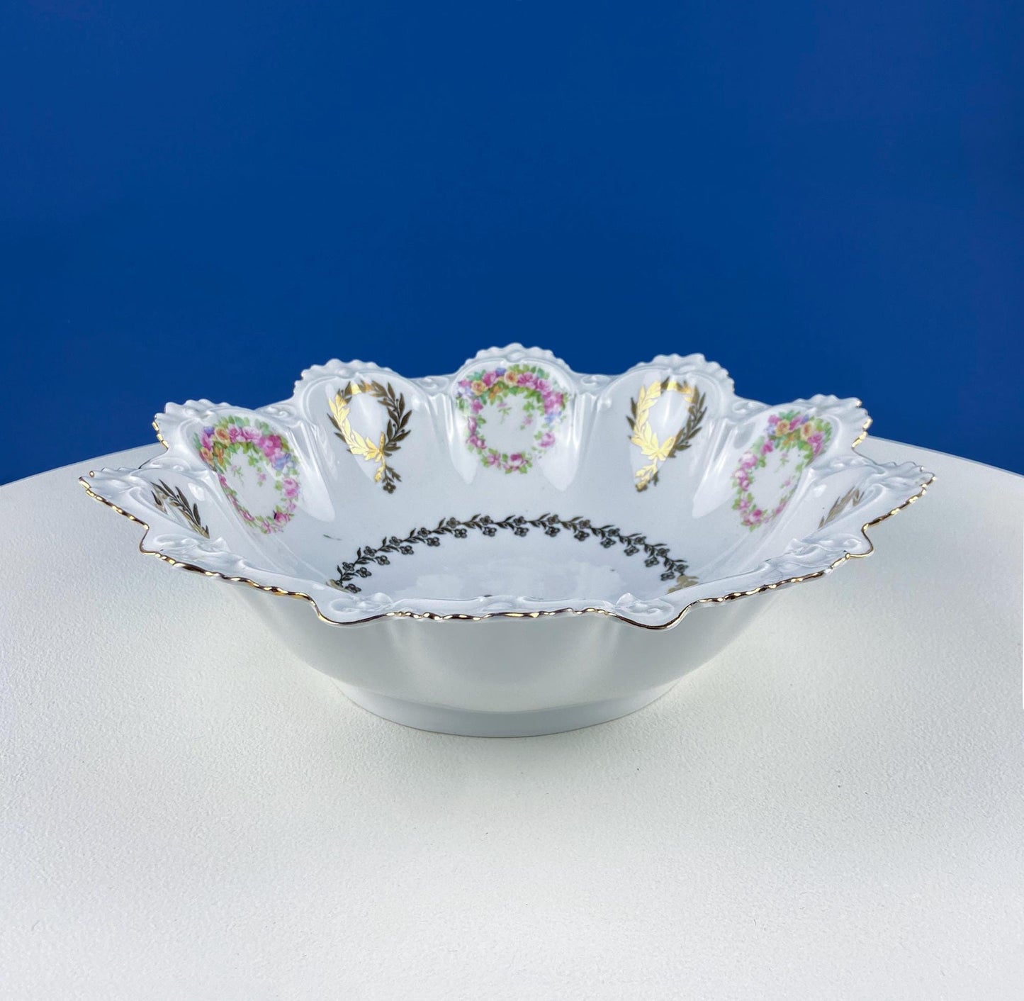 Antique Porcelain Serving Bowl with Scalloped Brim. Gold Laurel Leaf Motif & Rose Garlands. Fine Austrian Porcelain. Kitchen Table Decor. - Tampa Home & Garden Store