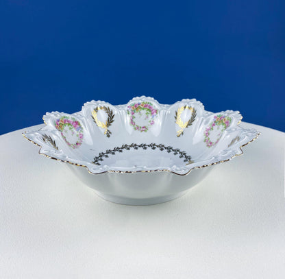 Antique Porcelain Serving Bowl with Scalloped Brim. Gold Laurel Leaf Motif & Rose Garlands. Fine Austrian Porcelain. Kitchen Table Decor. - Tampa Home & Garden Store