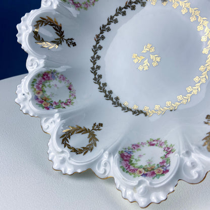 Antique Porcelain Serving Bowl with Scalloped Brim. Gold Laurel Leaf Motif & Rose Garlands. Fine Austrian Porcelain. Kitchen Table Decor. - Tampa Home & Garden Store