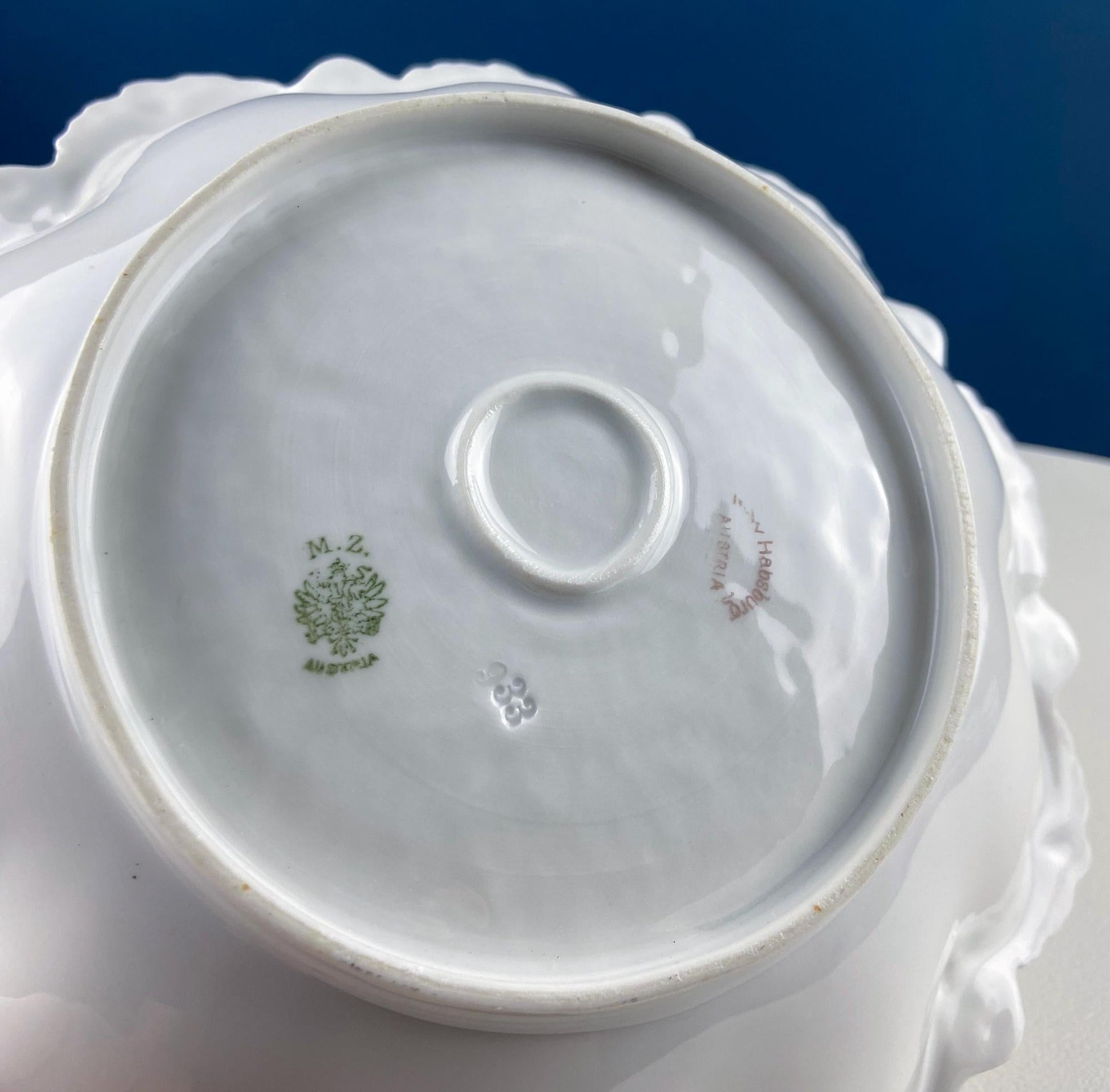 Antique Porcelain Serving Bowl with Scalloped Brim. Gold Laurel Leaf Motif & Rose Garlands. Fine Austrian Porcelain. Kitchen Table Decor. - Tampa Home & Garden Store