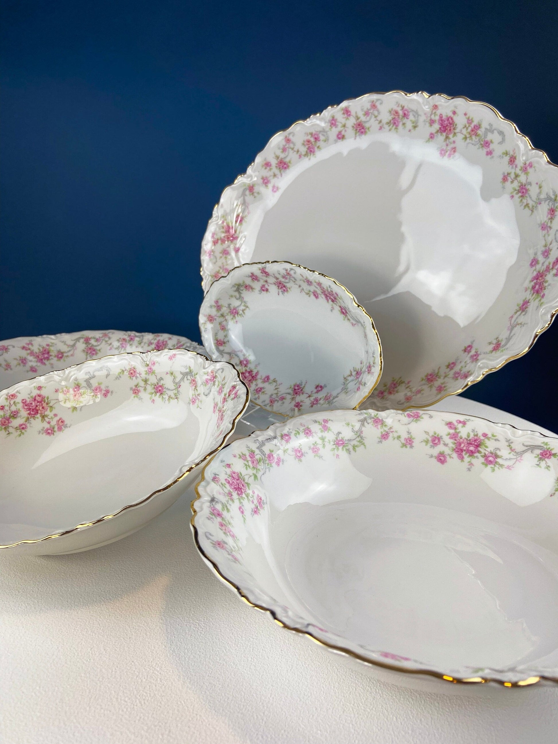 Antique Porcelain Serving Dishes. Set of Five Hutschenreuter Platters and Bowls with Pink Rose Garlands Motif. - Tampa Home & Garden Store